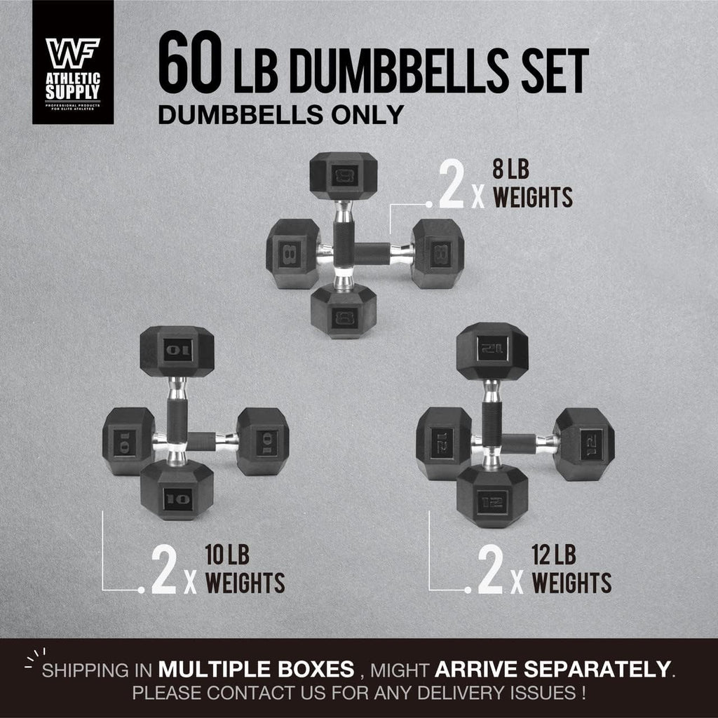 WF Athletic Supply Rubber Encased Hex Dumbbells with Rubber Grip Contoured Handle for Muscle Toning, Strength Building & Full Body Workout