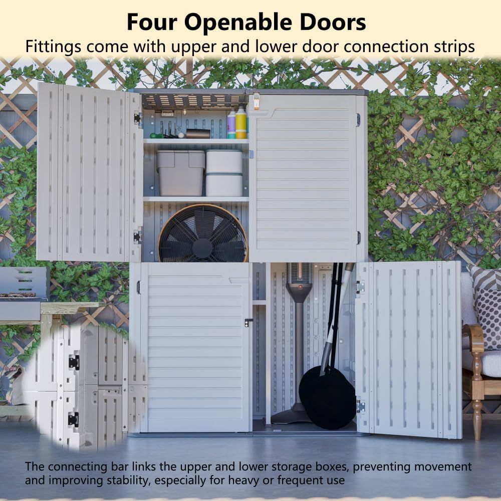 Heavy-Duty Plastic Storage Shed with Floor – Weather-Resistant Outdoor Utility Shed for Garden Tools, Lawn Equipment & Yard Supplies (M-with partitions -White + Plastic)