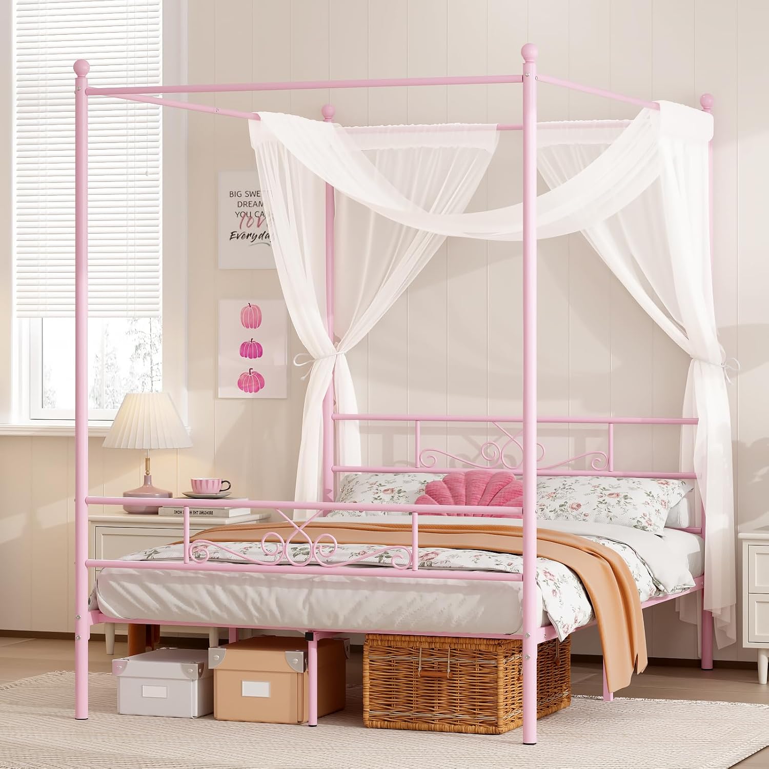 Weehom Full Canopy Bed Frame with Headboard and Footboard, 4 Posters Metal Bed Frame, No Box Spring Needed, Mattress Foundation Platform Bed for Kids and Adults, Pink