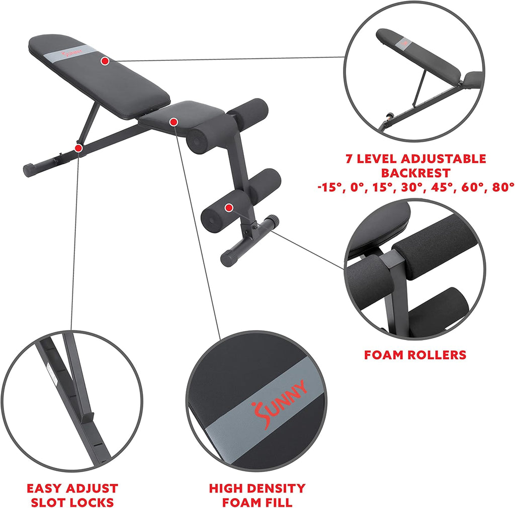 Sunny Health & Fitness Adjustable Weight Bench for Home Gym Strength Training, Incline/Decline, Multi-Position, High Weight Capacity