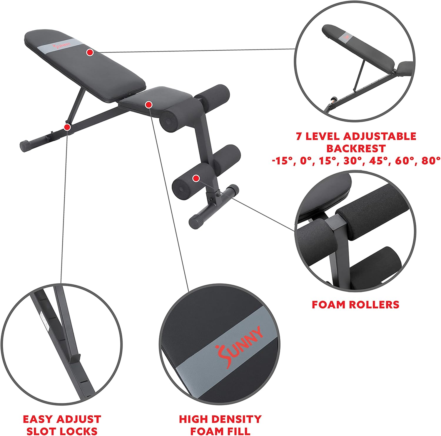 Sunny Health & Fitness Adjustable Weight Bench for Home Gym Strength Training, Incline/Decline, Multi-Position, High Weight Capacity