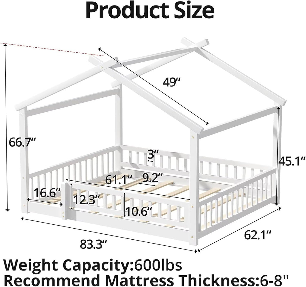 LLS Queen House Floor Bed Frame with Fence, Wooden Montessori Playhouse Bed with Slats Support for Boys Girls, White