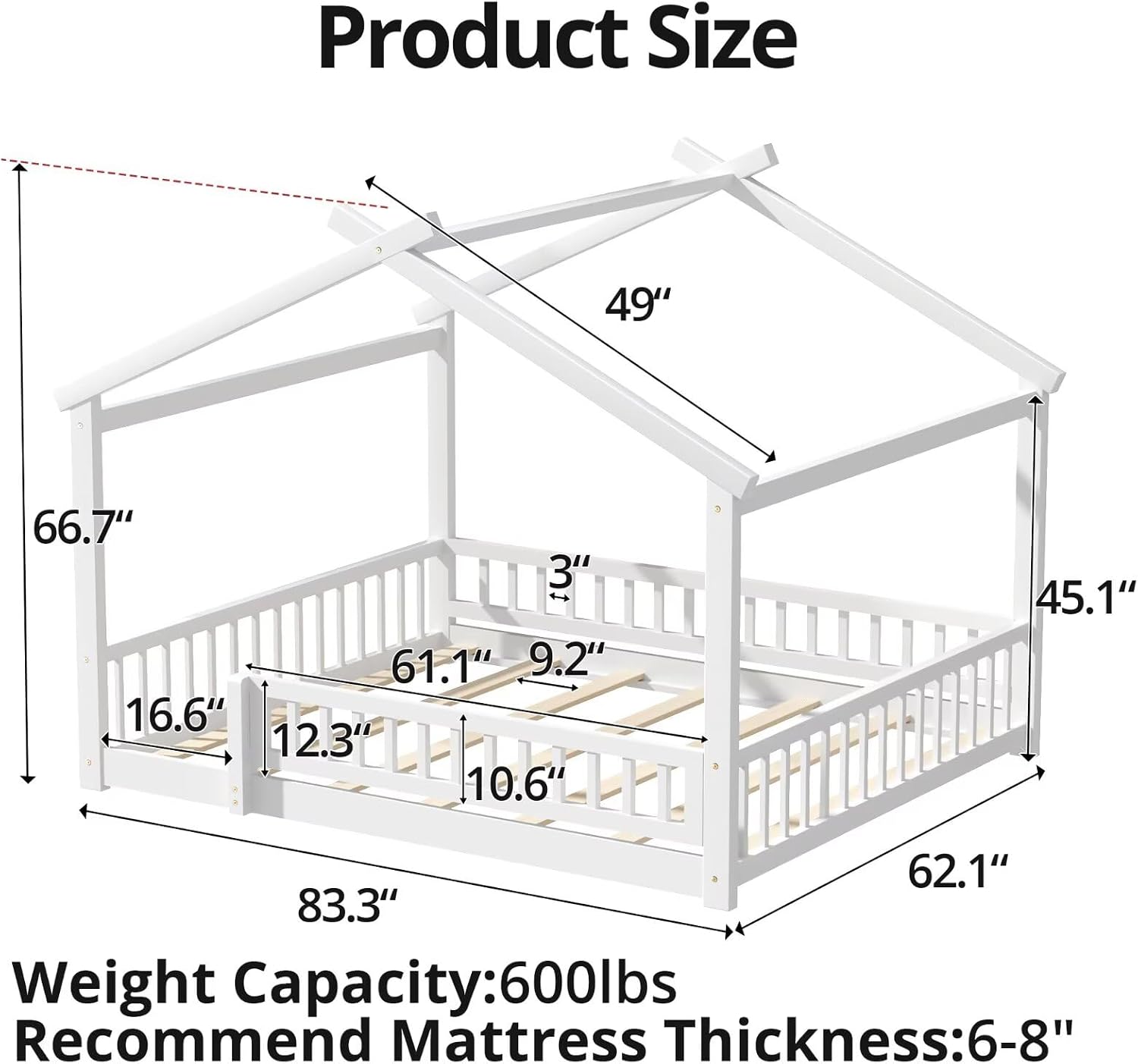 LLS Queen House Floor Bed Frame with Fence, Wooden Montessori Playhouse Bed with Slats Support for Boys Girls, White