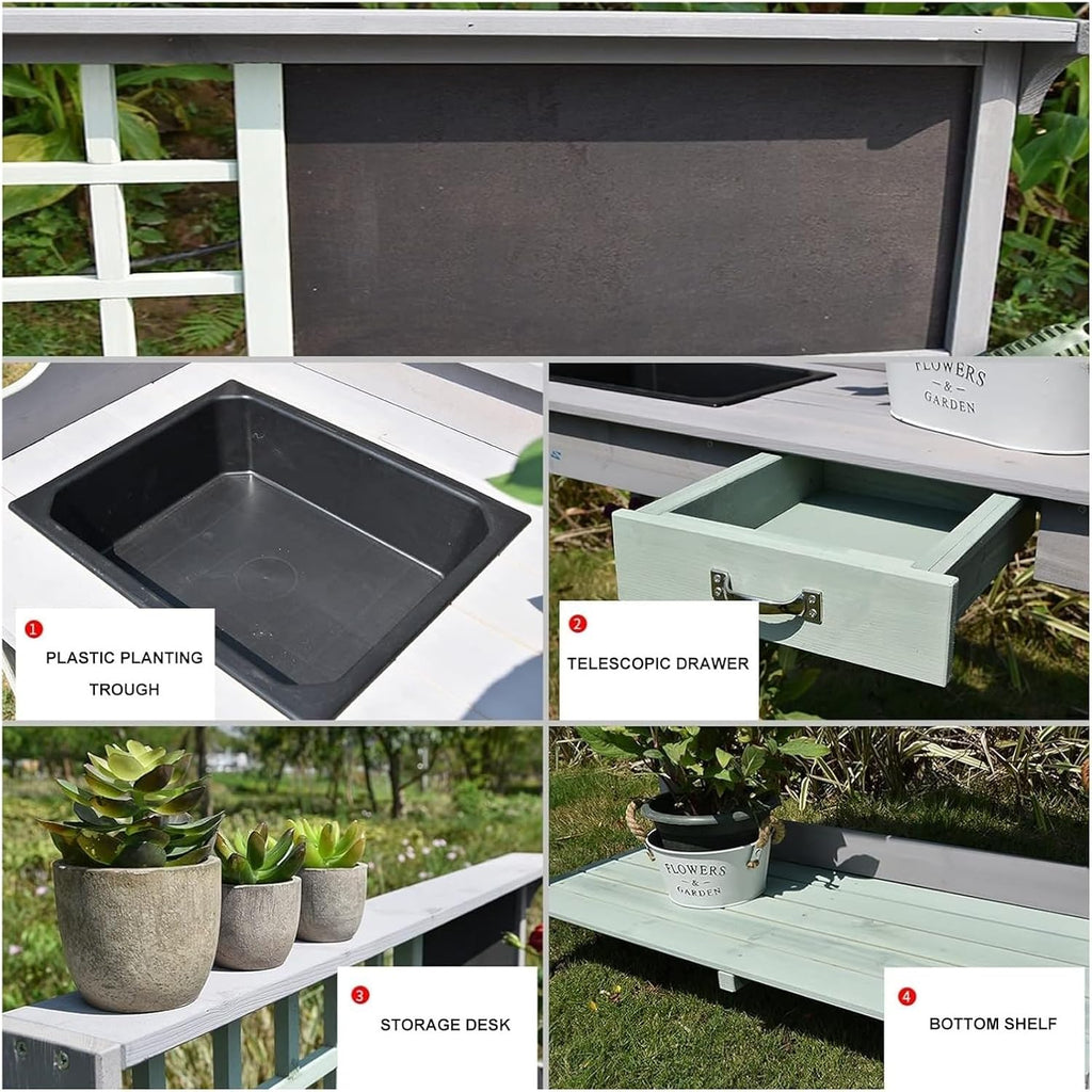 Potting Bench Table,Garden Potting Table, Outdoor Garden Potting Table Garden Work Bench Potting Bench Table for Patio Backyard and Porch with Cabinet Drawer Open Top & Lower Shelf, Gray