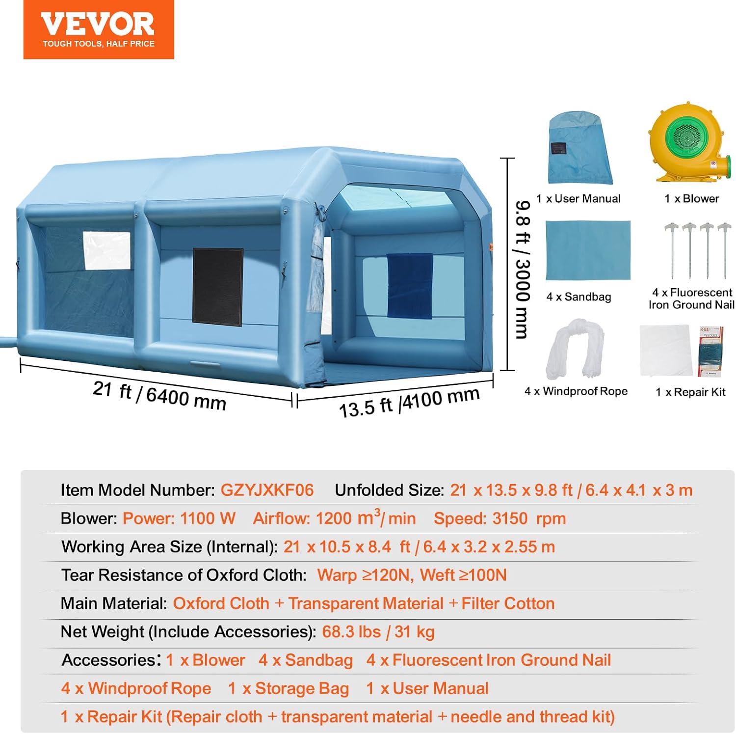 VEVOR Inflatable Paint Booth, 21 x 13.5 x 9.8 ft Inflatable Spray Booth, with 1100W Powerful Blower and Air Filter System, Large Furniture Painting, Portable Car Paint Booth for Medium-Sized Vehicles