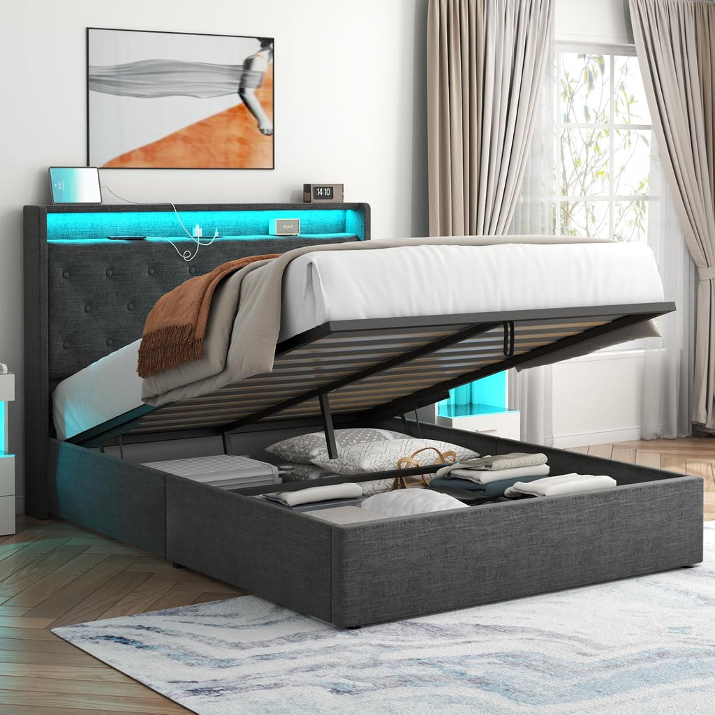 Loomie Full Lift Up Bed Frame with Charging Station & LED Lights, Upholstered Bed with Button Tufted Wingback Storage Headboard, Hydraulic Storage, No Box Spring Needed, Wood Slats Support,Dark Grey