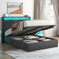 Loomie Full Lift Up Bed Frame with Charging Station & LED Lights, Upholstered Bed with Button Tufted Wingback Storage Headboard, Hydraulic Storage, No Box Spring Needed, Wood Slats Support,Dark Grey
