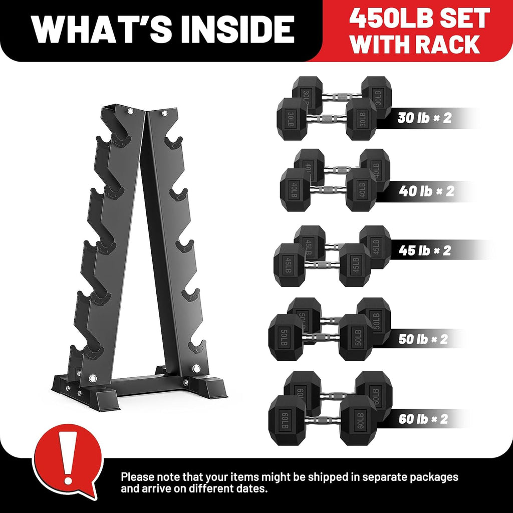 PAPABABE Hex Dumbbell Set with Rack, 85-560lb Rubber Encased Dumbbell Free Weights Dumbbells Set with Storage Rack, Hand Weights Set for Strength Training
