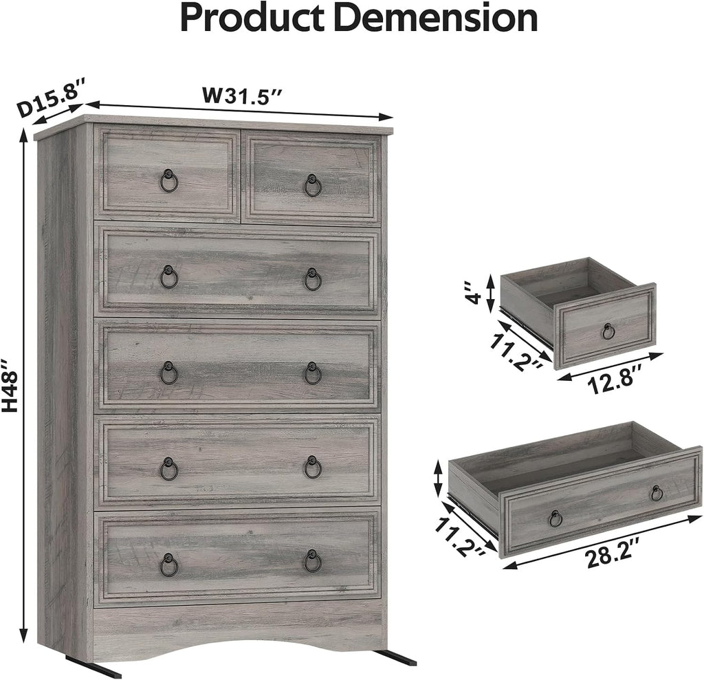 VVFLU 48'' Tall Grey Dresser with 6 Drawers Chest of Drawers for Bedroom, Large Storage Organizer for Clothes, for Living Room, Bedroom, Hallway, Taupe Grey
