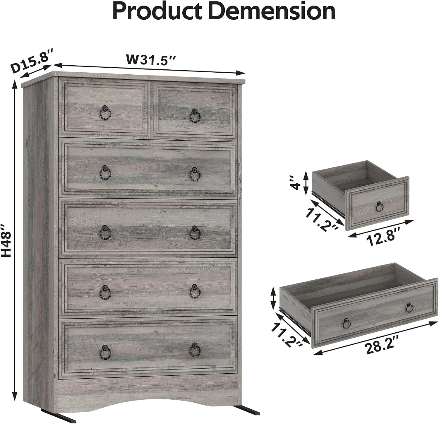 VVFLU 48'' Tall Grey Dresser with 6 Drawers Chest of Drawers for Bedroom, Large Storage Organizer for Clothes, for Living Room, Bedroom, Hallway, Taupe Grey