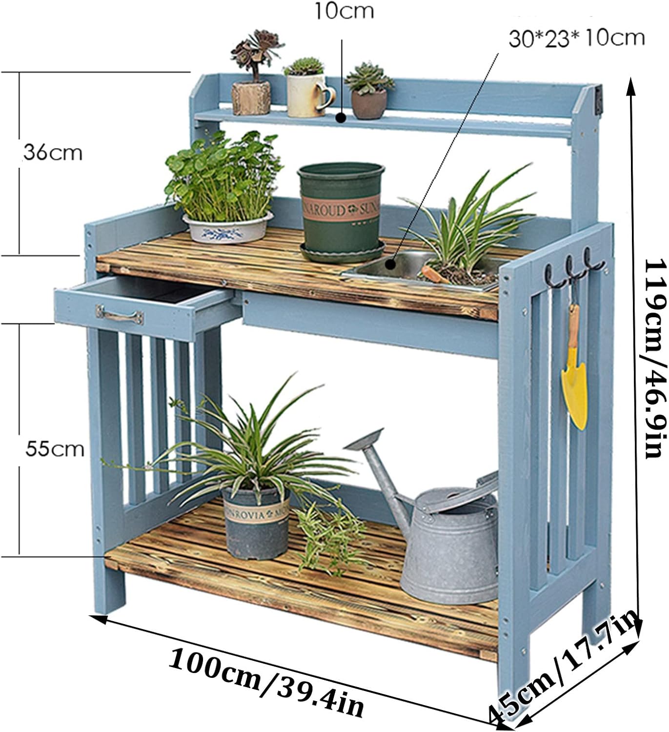 Outdoor Garden Potting Bench Table, Tool Storage Rack,with Drawer/Adjustable Shelf Rack/Removable Sink/Hooks