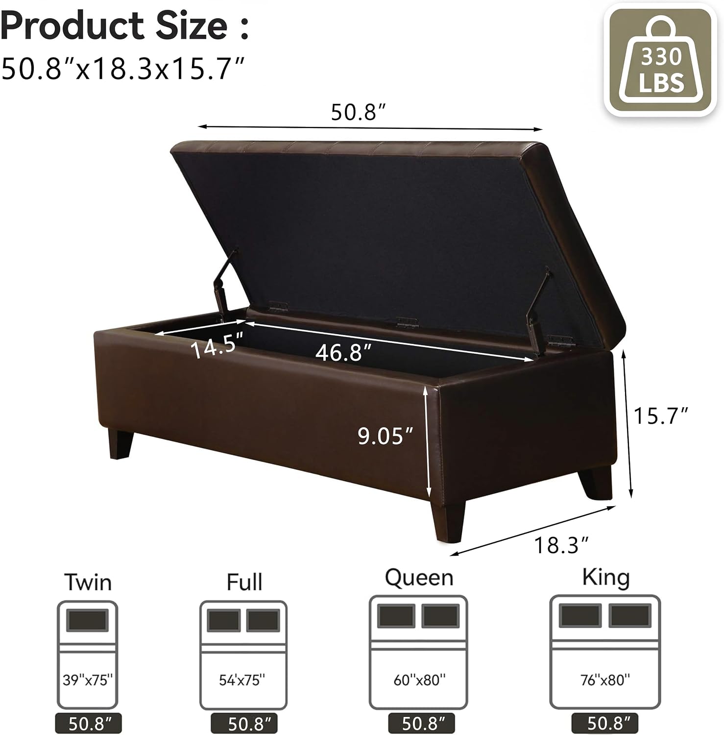 51-Inch Tufted Storage Ottoman Bench, Faux Leather Upholstered Footrest with Large Capacity, Modern End of Bed Bench for Bedroom, Living Room, Brown