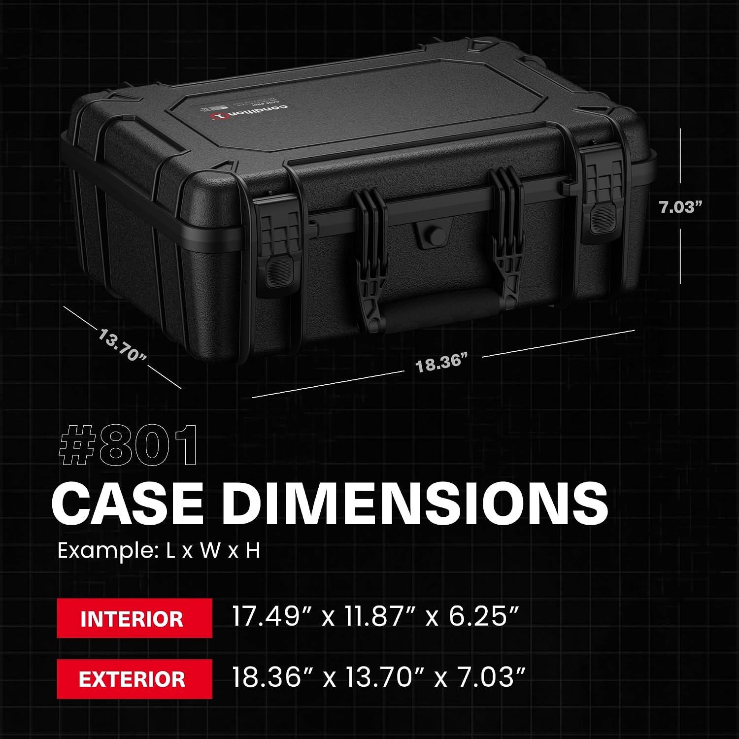 Condition 1 18' Medium Waterproof Hard Case with Foam, Model 801, Portable Protective Storage Box for Travel, Tactical Gear, Made in USA, 18.36'x13.70'x 7.03' Black
