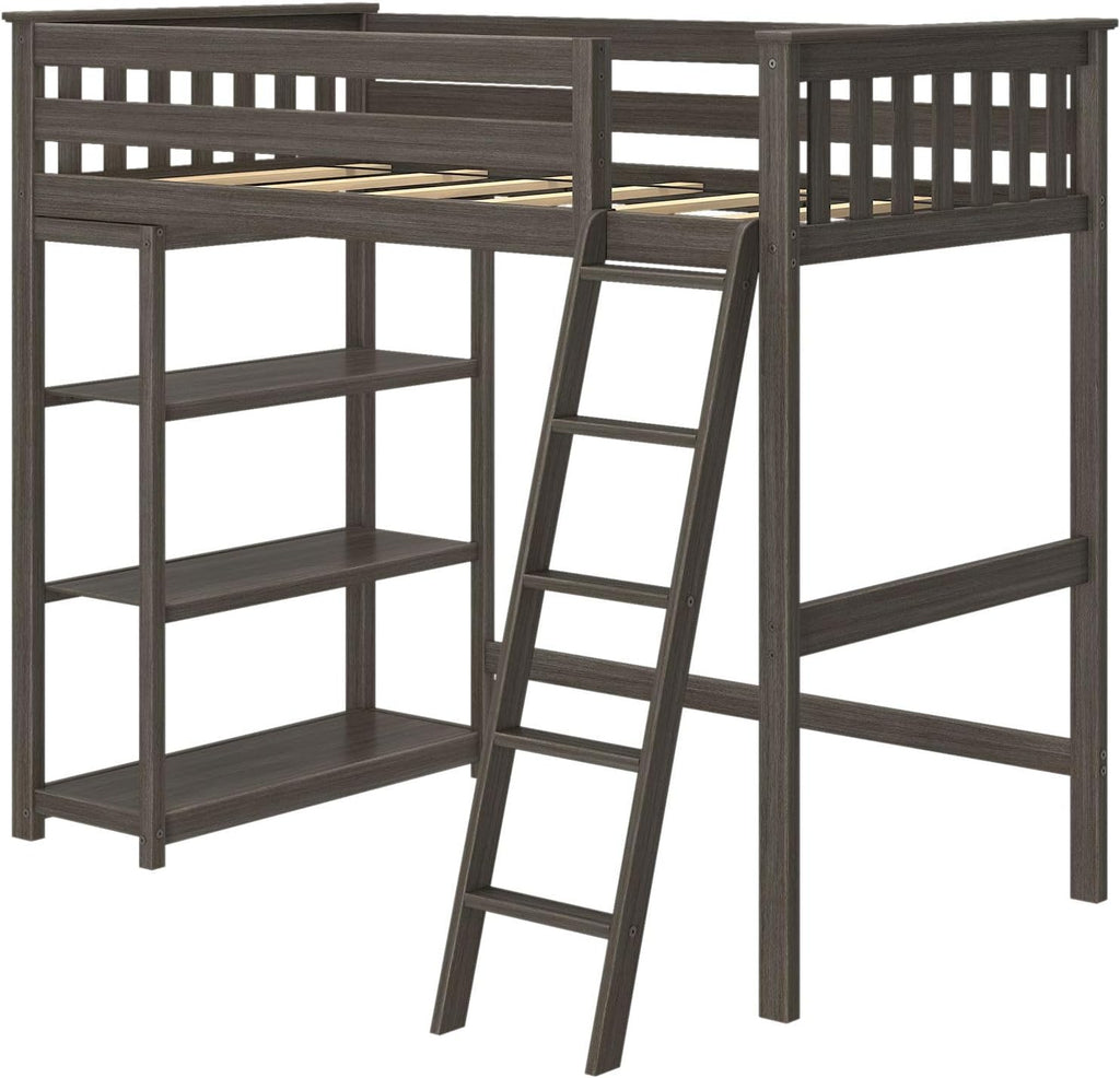 Max & Lily High Loft Bed, Twin Bed Frame For Kids With Bookcase, Clay