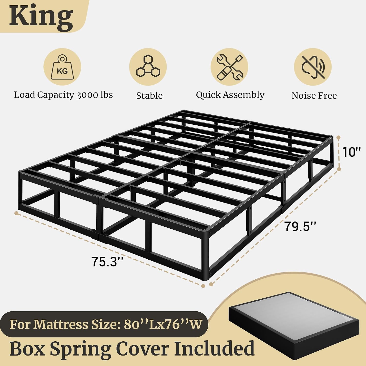 Awesofurni King Box Spring, 10 Inch High Profile King Size Box Spring Only, Black 3000 lbs Heavy Duty Metal Frame Mattress Foundation with Fabric Cover, Easy Assembly-Noise Free