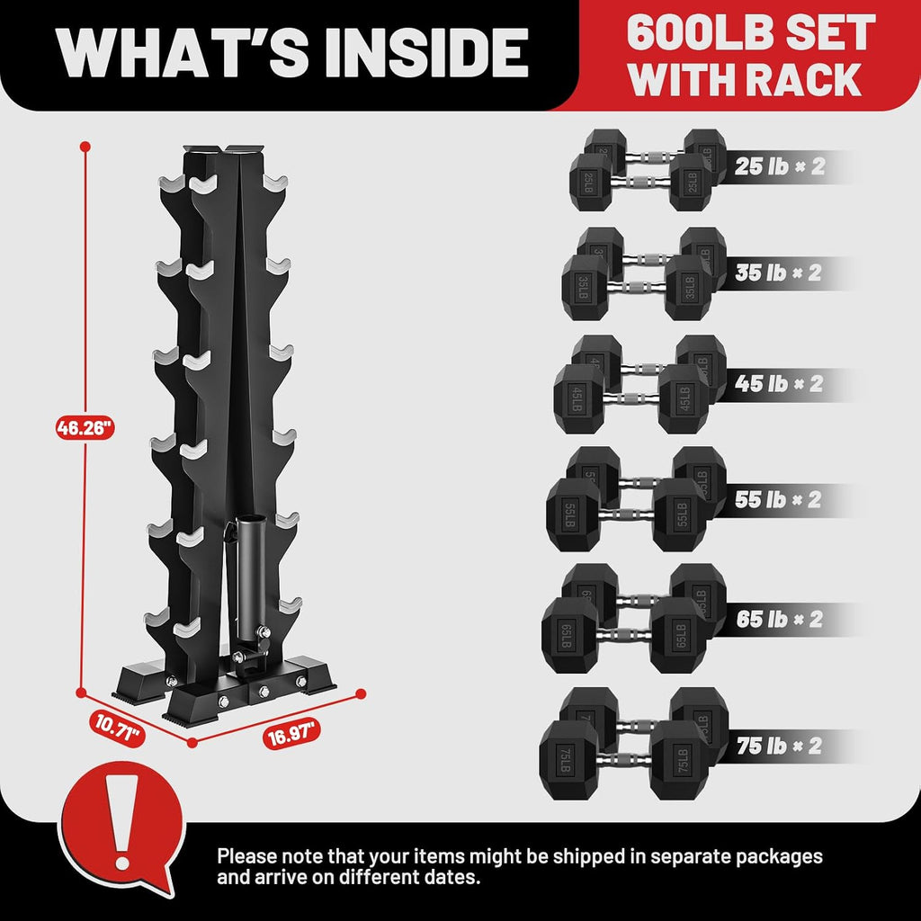 PAPABABE Hex Dumbbell Sets with Rack, 100-600lb Rubber Coated Dumbbell Weight Set and Storage Rack, Multiple Options Hand Weights for Strength Training