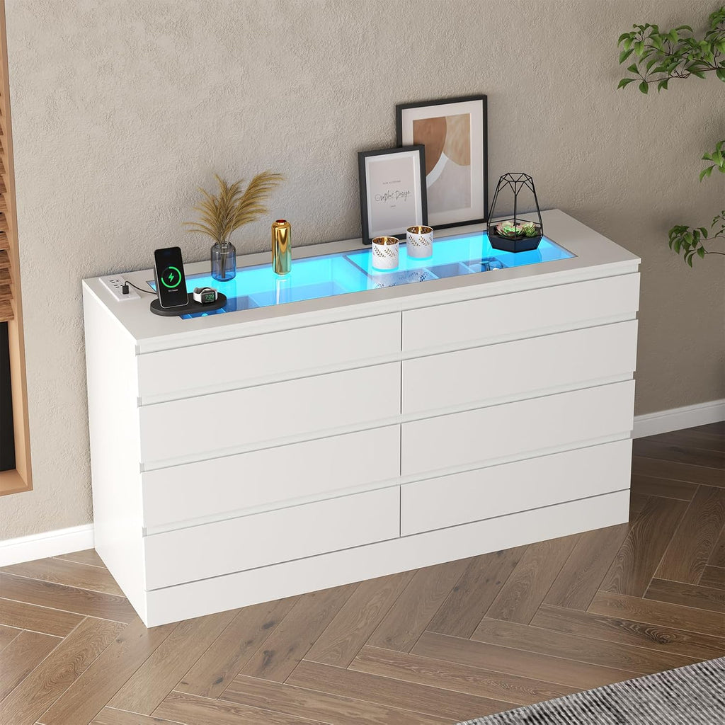 Gyfimoie 8 Drawer Dresser with Power Outlet, White Dresser for Bedroom Chest of Drawer with Glass Top & LED Light, Modern Double Wide Drawer Organizer Cabinet for Living Room (White)