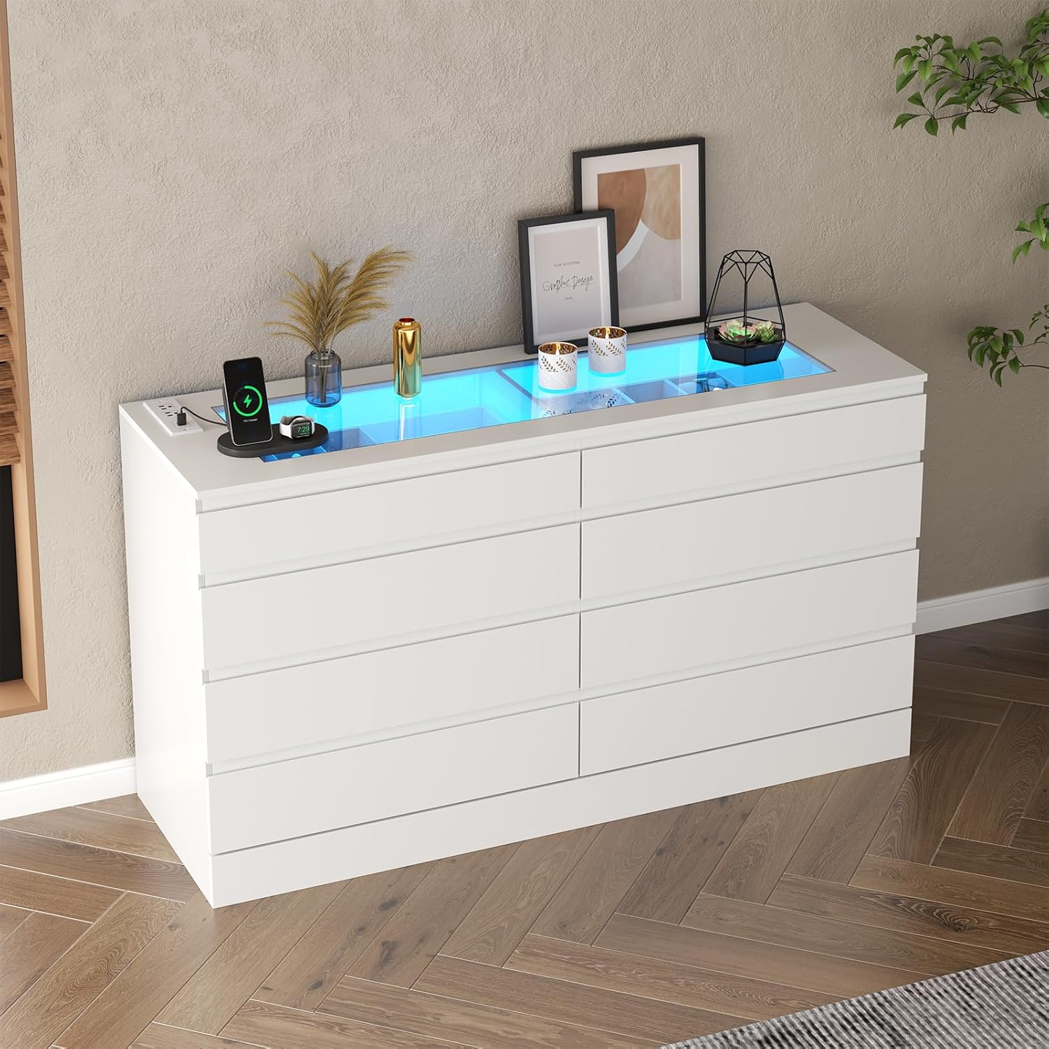 Gyfimoie 8 Drawer Dresser with Power Outlet, White Dresser for Bedroom Chest of Drawer with Glass Top & LED Light, Modern Double Wide Drawer Organizer Cabinet for Living Room (White)