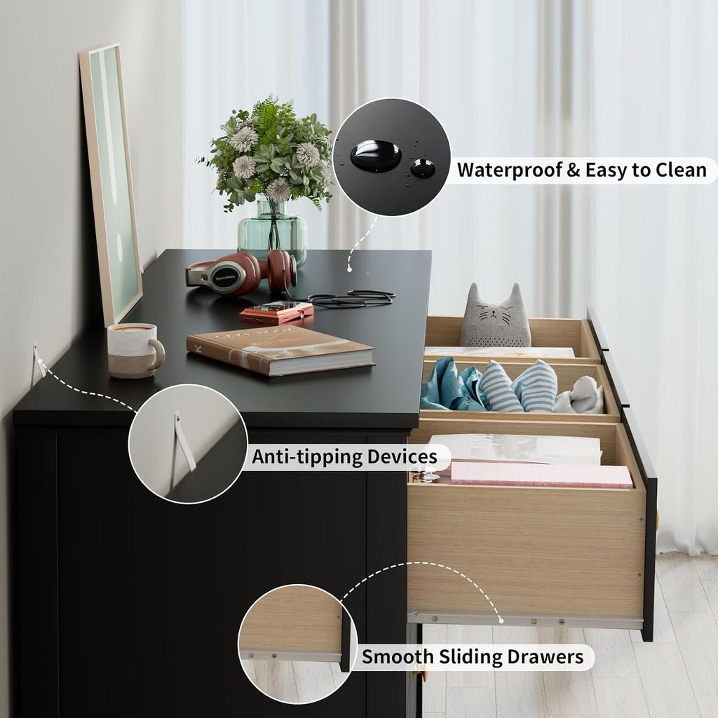 CARPETNAL 7 Drawers Dresser for Bedroom, Black Dressers & Chests of Drawers with Gold Handles and 7 Large Drawer, Modern Wooden Storage Organizer Cabinet for Hallyway, Entryway