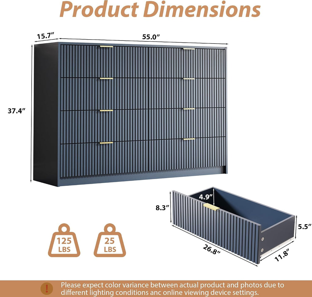 MAISONARIA Navy Dresser for Bedroom, 8 Drawer Double Dresser, Modern Chest of Drawers for Bedroom, Living Room, Entryway and Closet, 55' L x 15.7' D x 37.4' H