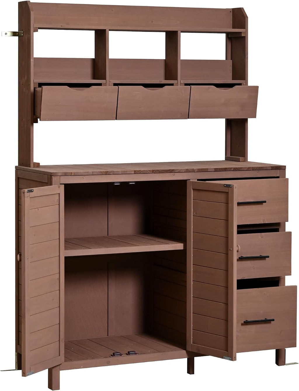 Roomfitters Garden Potting Bench with Storage Hutch, Outdoor Potting Table with 6 Drawers and Cabinets, Shelves, Brown