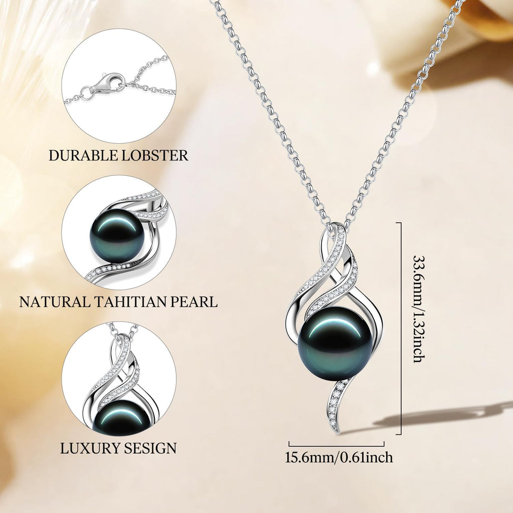 FANCIME Gift for Women Wife Natural Tahitian Pearl Necklace Sterling Silver Mysterious Ocean Treasure 10-12MM Black Pearl Luxury Jewelry Gift for Women, Mother, Wife, 16'+2' Adjustable