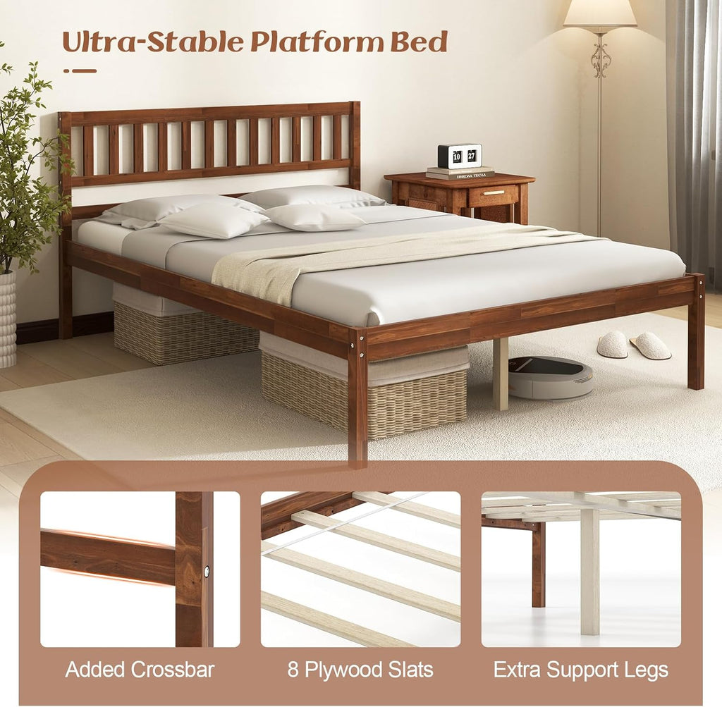 KOMFOTT Full Size Wood Platform Bed Frame with Headboard, 16-Inch Mid-Century Wooden Bed Frame with Slats Support & 12' Under Bed Storage Space, Retro Mattress Foundation, No Box Spring Needed