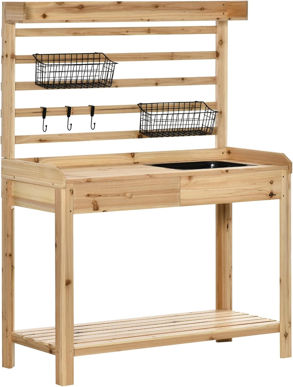 Potting Bench Table, Garden Work Bench, Workstation with Metal Sieve Screen, Removable Sink, Additional Hooks and Baskets for Patio, Courtyards, Balcony, Natural
