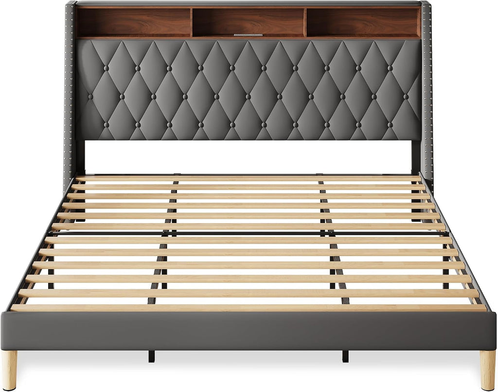 WLIVE King Size Upholstered Bed Frame with 48'' Tall Wingback Headboard, Velvet Square Tufted Platform Beds with Charging Station, Sturdy Metal & Wooden Slats Support, Grey