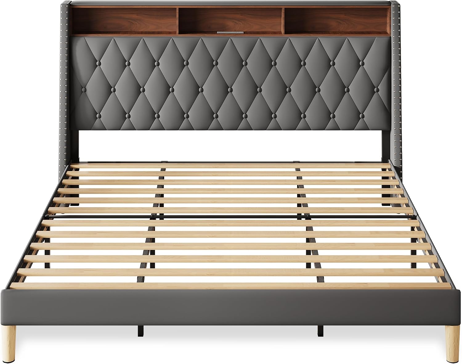 WLIVE King Size Upholstered Bed Frame with 48'' Tall Wingback Headboard, Velvet Square Tufted Platform Beds with Charging Station, Sturdy Metal & Wooden Slats Support, Grey