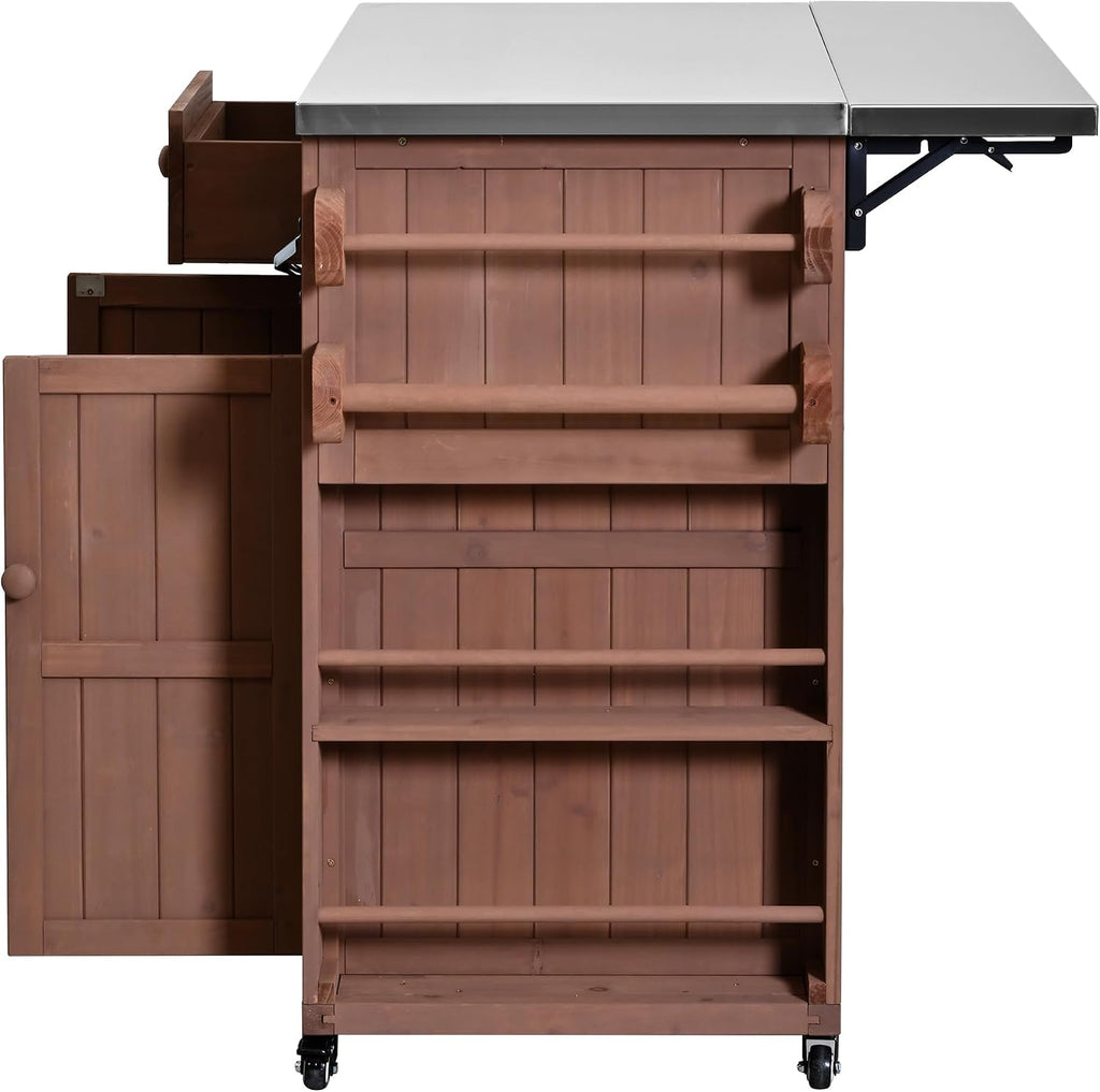Outdoor Solid Wood Extendable Kitchen Island, Stainless Steel Top Grill Table with Side Spice Rack, Kitchen Cart with Drawers, Storage Cabinet for Backyard, BBQ,Party (Brown/S)