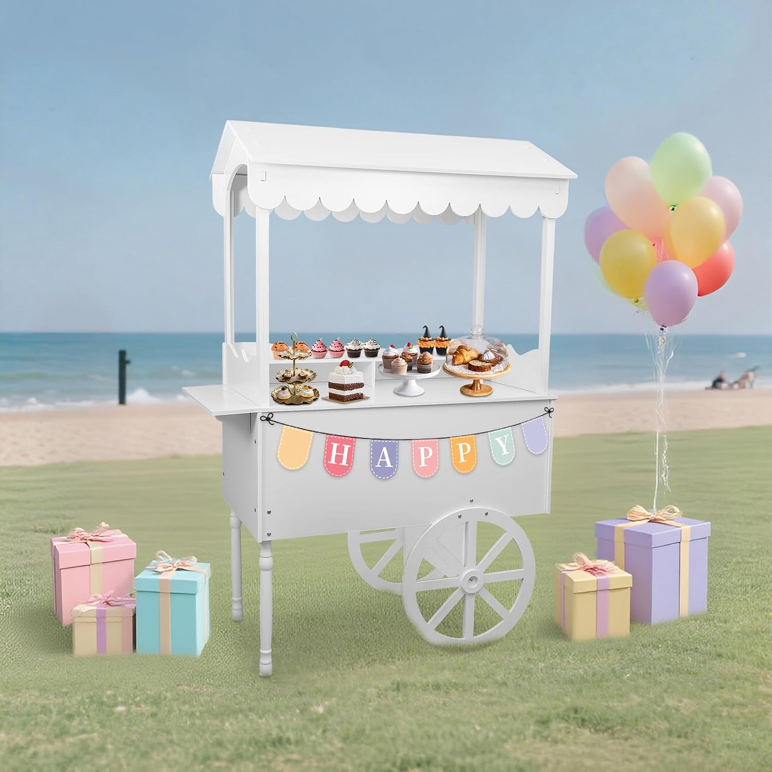 Large Country Market Wooden Rolling Table Cart, Antique Solid Wood Decor Display Rack Cart with Wheels, Rolling Table Carts for Display Various Flowers and Candy (White-1)