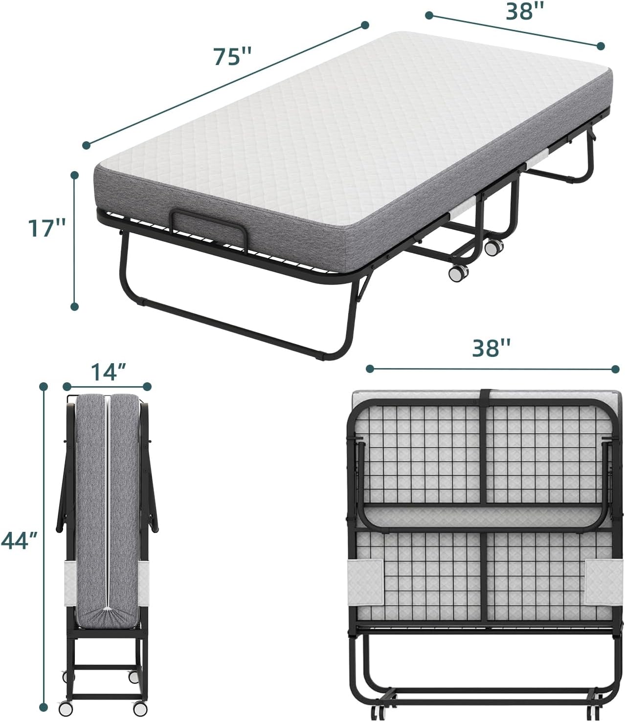 Espsilto Twin Size Folding Bed with Mattress for Adult，75''x38'' Portable Fold Up Rollaway Bed for Guest with Memory Foam Mattress, Space Saving, Foldable, Easy to Store
