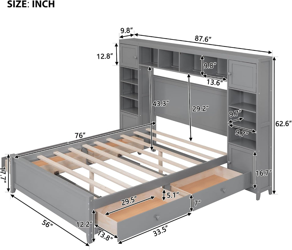Harper & Bright Designs Full Size Wood Bed Frame with Bookcase Headboard,Open Shelves,4 Drawers and Cabinet,Space Saving Storage Platform Bed for Kids Teens Adults,No Box Spring Needed,Gray