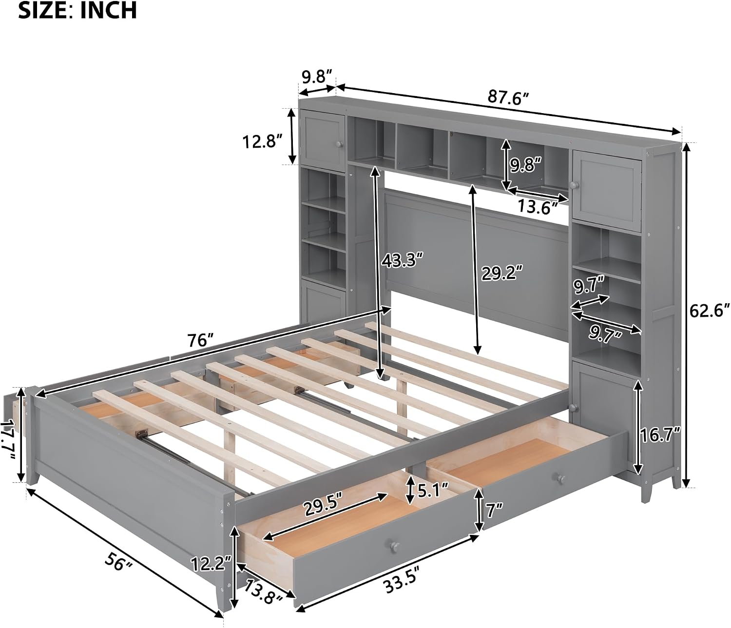 Harper & Bright Designs Full Size Wood Bed Frame with Bookcase Headboard,Open Shelves,4 Drawers and Cabinet,Space Saving Storage Platform Bed for Kids Teens Adults,No Box Spring Needed,Gray
