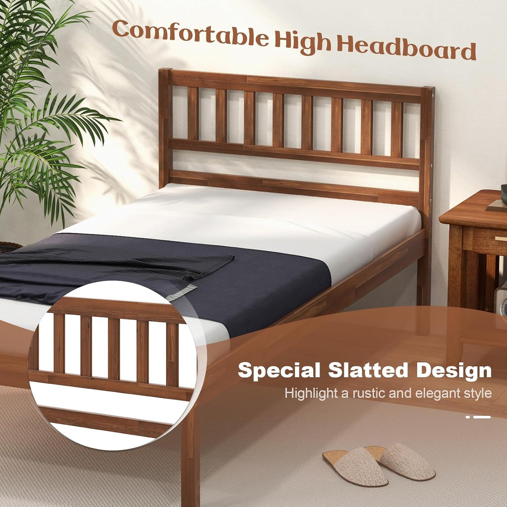 KOMFOTT Twin Size Wood Platform Bed Frame with Headboard, 16-Inch Mid-Century Wooden Bed Frame with Slats Support & 12' Under Bed Storage Space, Retro Mattress Foundation, No Box Spring Needed