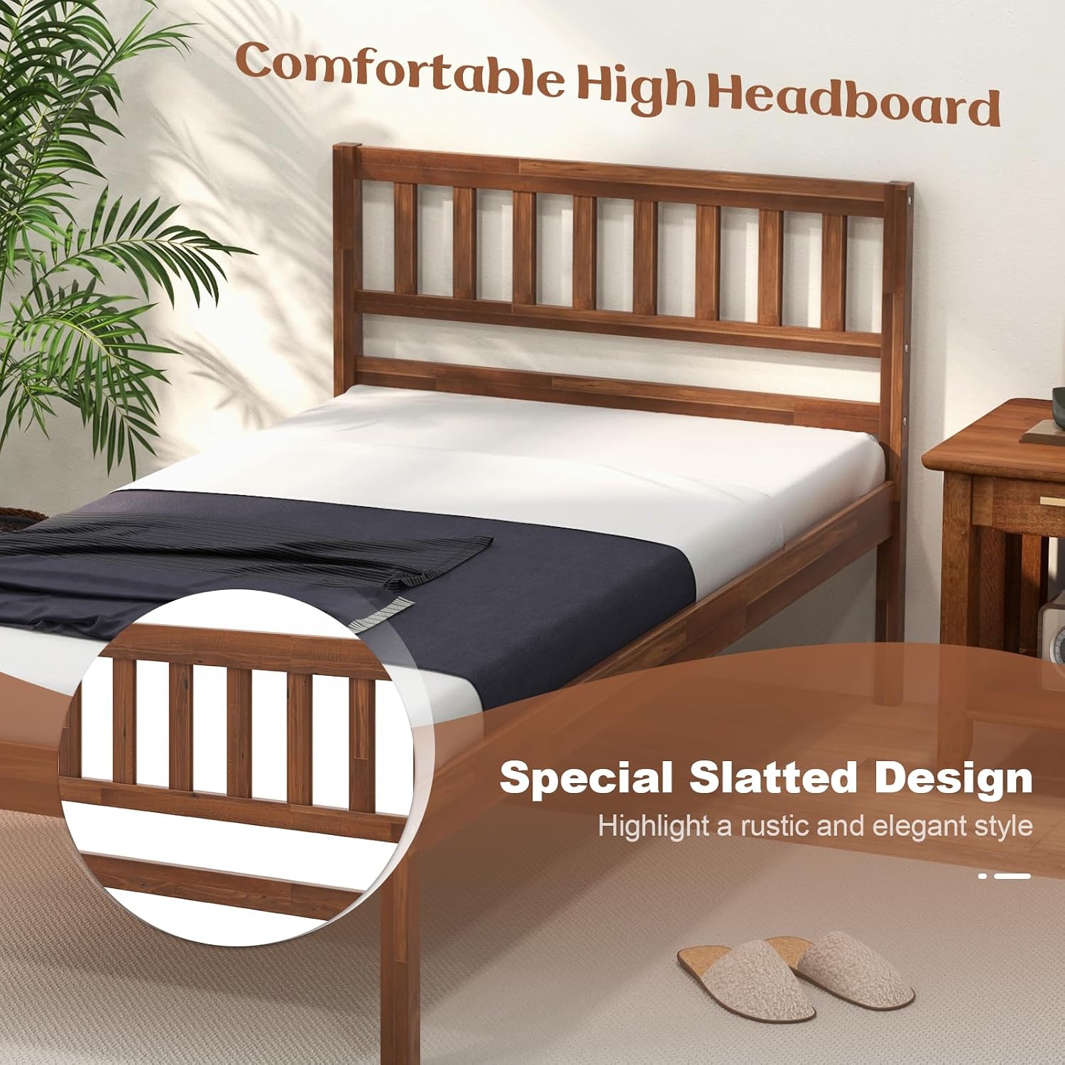 KOMFOTT Twin Size Wood Platform Bed Frame with Headboard, 16-Inch Mid-Century Wooden Bed Frame with Slats Support & 12' Under Bed Storage Space, Retro Mattress Foundation, No Box Spring Needed