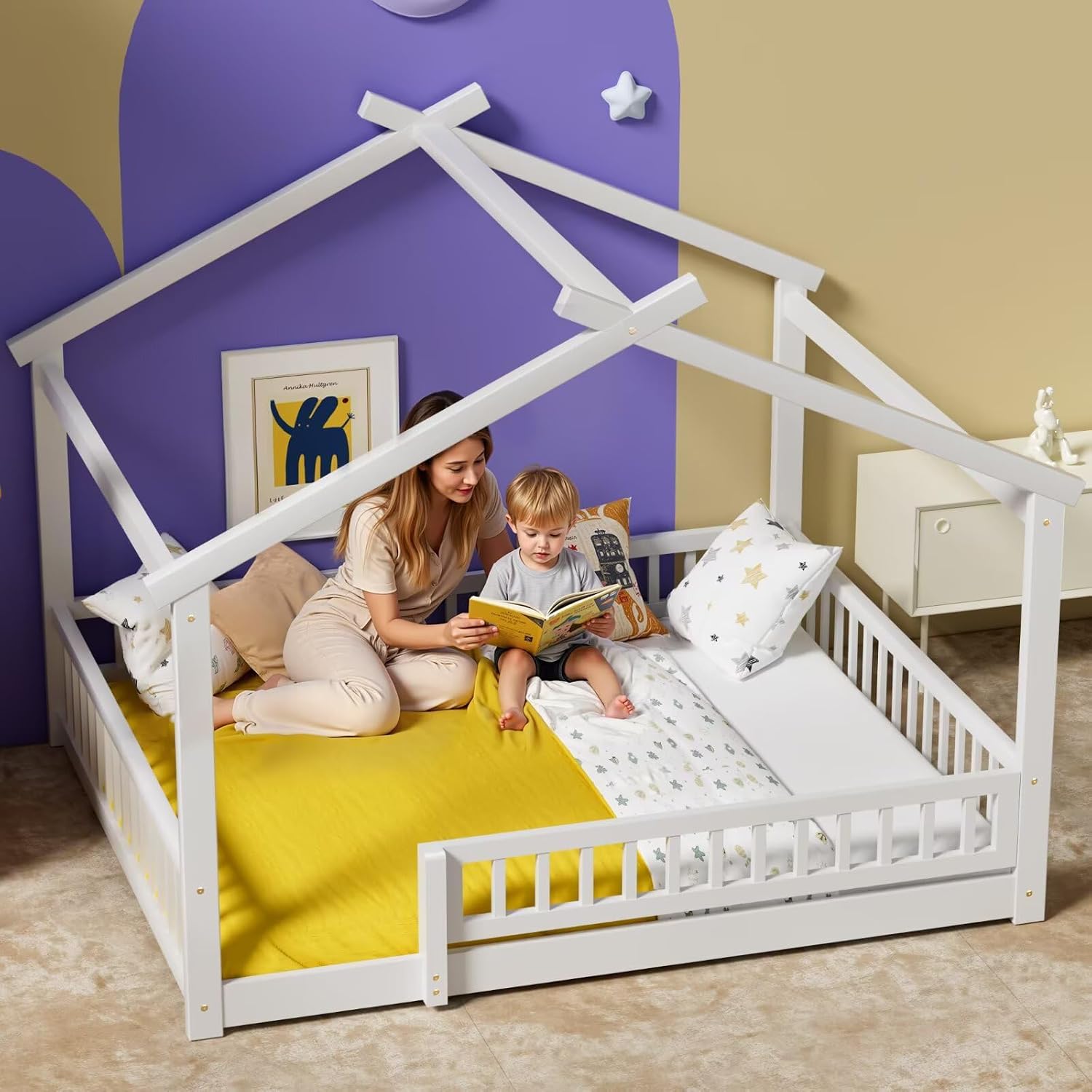 LLS Queen House Floor Bed Frame with Fence, Wooden Montessori Playhouse Bed with Slats Support for Boys Girls, White