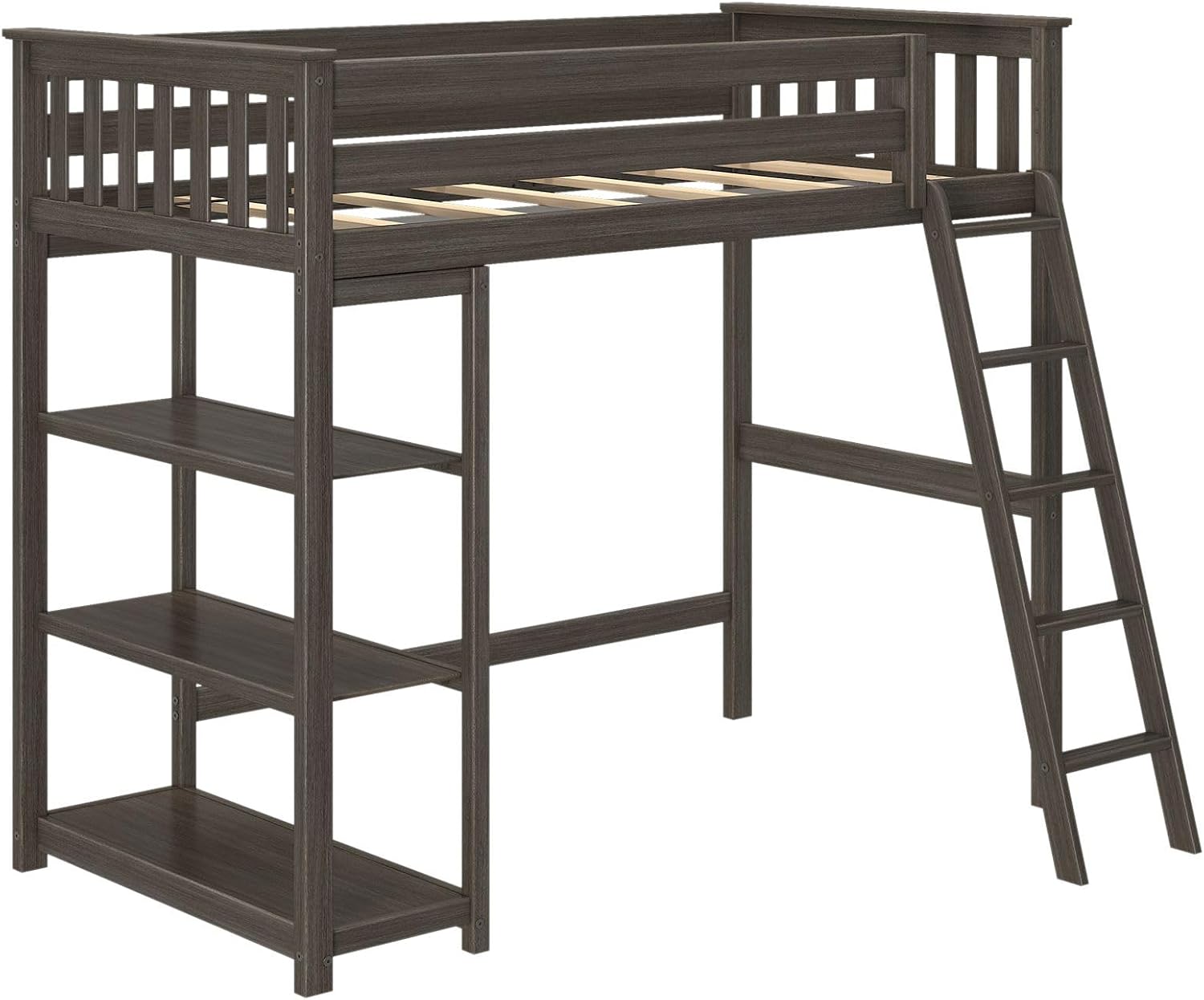 Max & Lily High Loft Bed, Twin Bed Frame For Kids With Bookcase, Clay