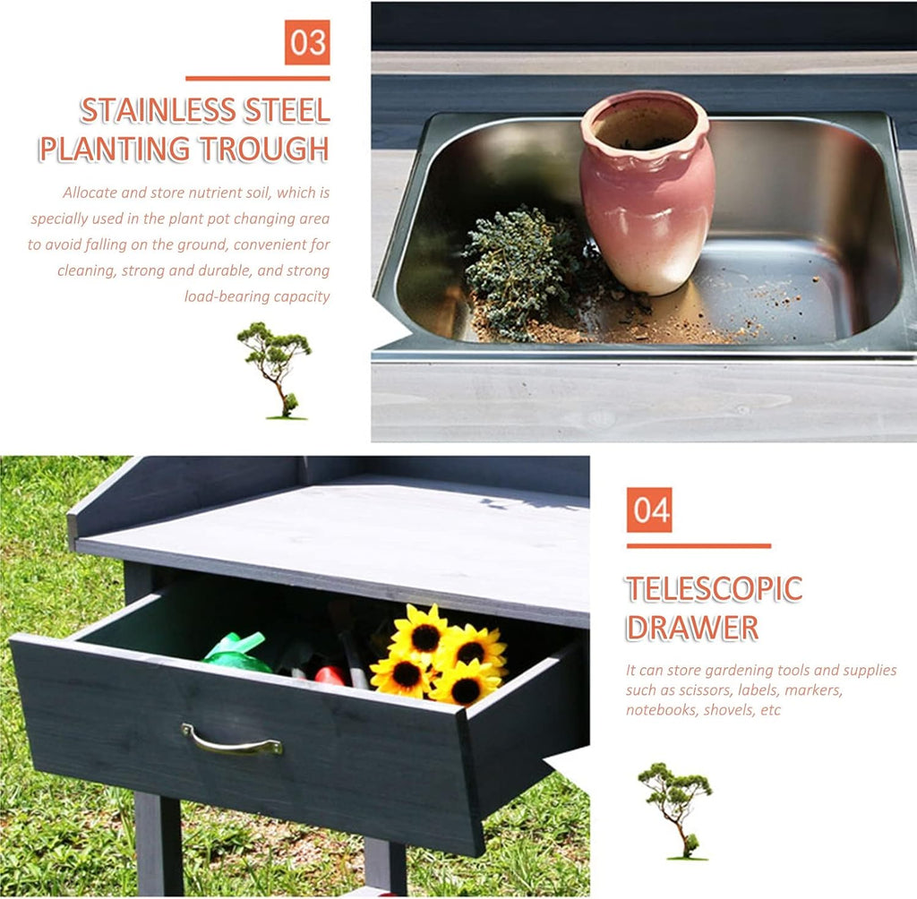 Planting Work Bench with Removable Sink with Storage Shelves and Drawer Gardening Bench Potting Table