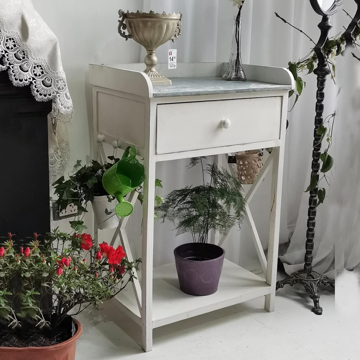 Vintage Old Wooden Garden Potting Table for Outdoor/Indoor,Floor-Standing Plant Stand w/Drawer and Hook