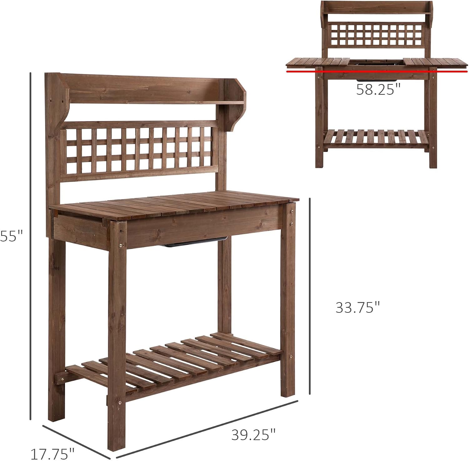 Potting Benches for Outside, Gardening Table & Potting Tables for Outdoors, Planting Table with Sliding Tabletop/Storage Shelf, Outdoor Wood Workstation Table with Dry Sink (Brown)