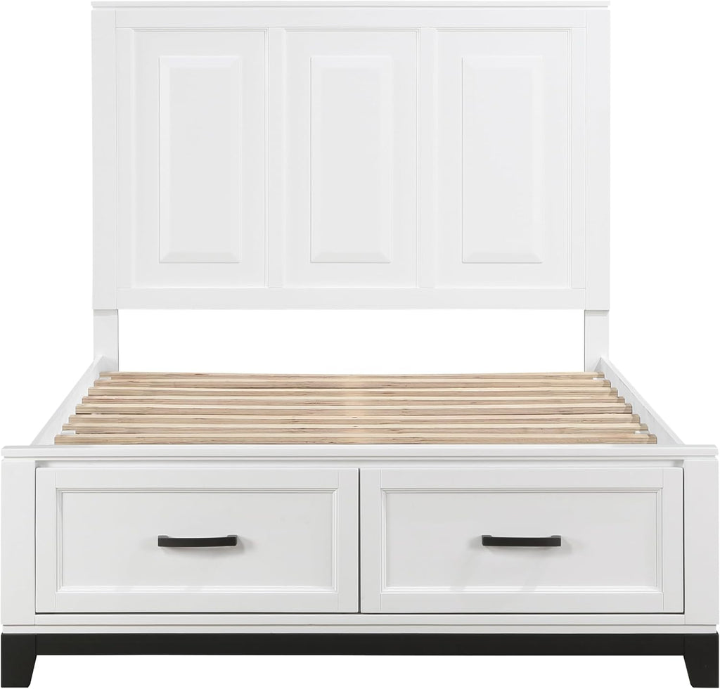 3-Pc Set Bedroom Full Size White Platform Bed w Footboard Drawers Wooden Rustic Style Furniture