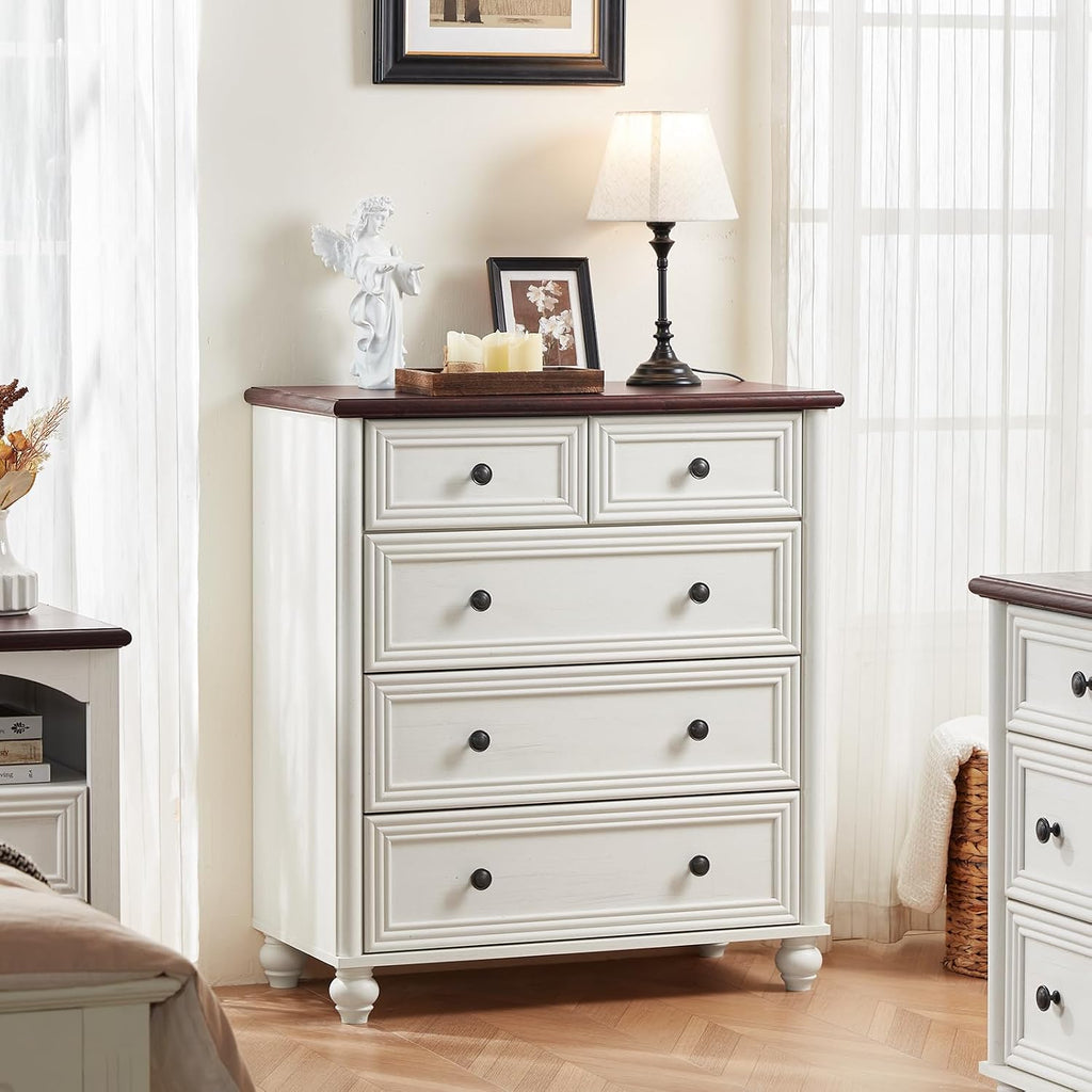 RWYHG Farmhouse 5 Drawer Dresser for Bedroom, 35.5' Tall Small Dressers & Chest of Drawers, Rustic Wood Dresser with Roman Column, Storage Organizer for Living Room, Hallway, Closet (White)