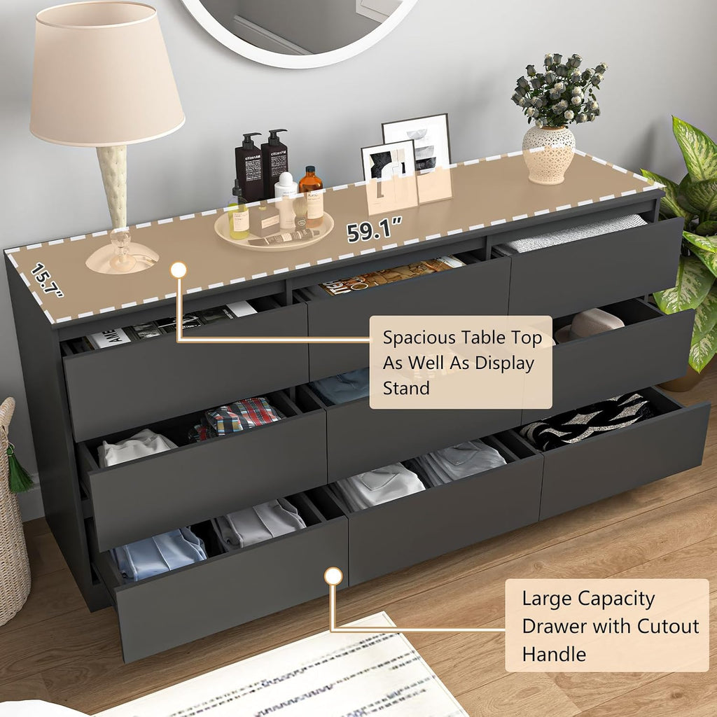 Vibe & Dine 9 Drawer Dresser, 59.1' Long Dresser for Bedroom Free Handle, Modern Wooden Chest of Drawers with Wide Storage for Living Room, Black
