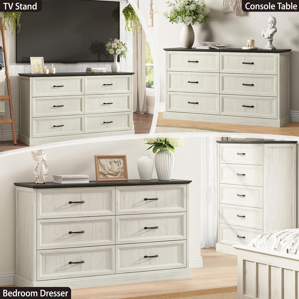 Farmhouse 6 Drawer Dresser for Bedroom, 55 Inch Wide Modern White Dresser TV Stand with Large Drawers & Bar Handles, Rustic Wood Chest of Drawers for Bedroom, Living Room, Hallway, Entryway.