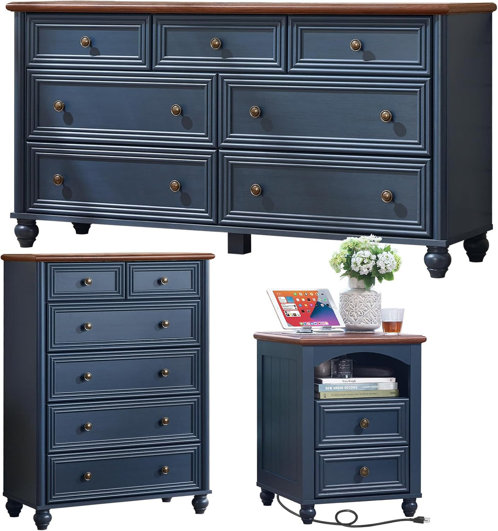 Farmhouse Dressers & Night Stand Set of 3, Wood 54' Wide Dresser & 43.5'Tall Chest of Drawers, 18' with Charging Station Nightstand, Bedroom Furniture 7 Drawer Dresser Set for Home Living Room Hallway