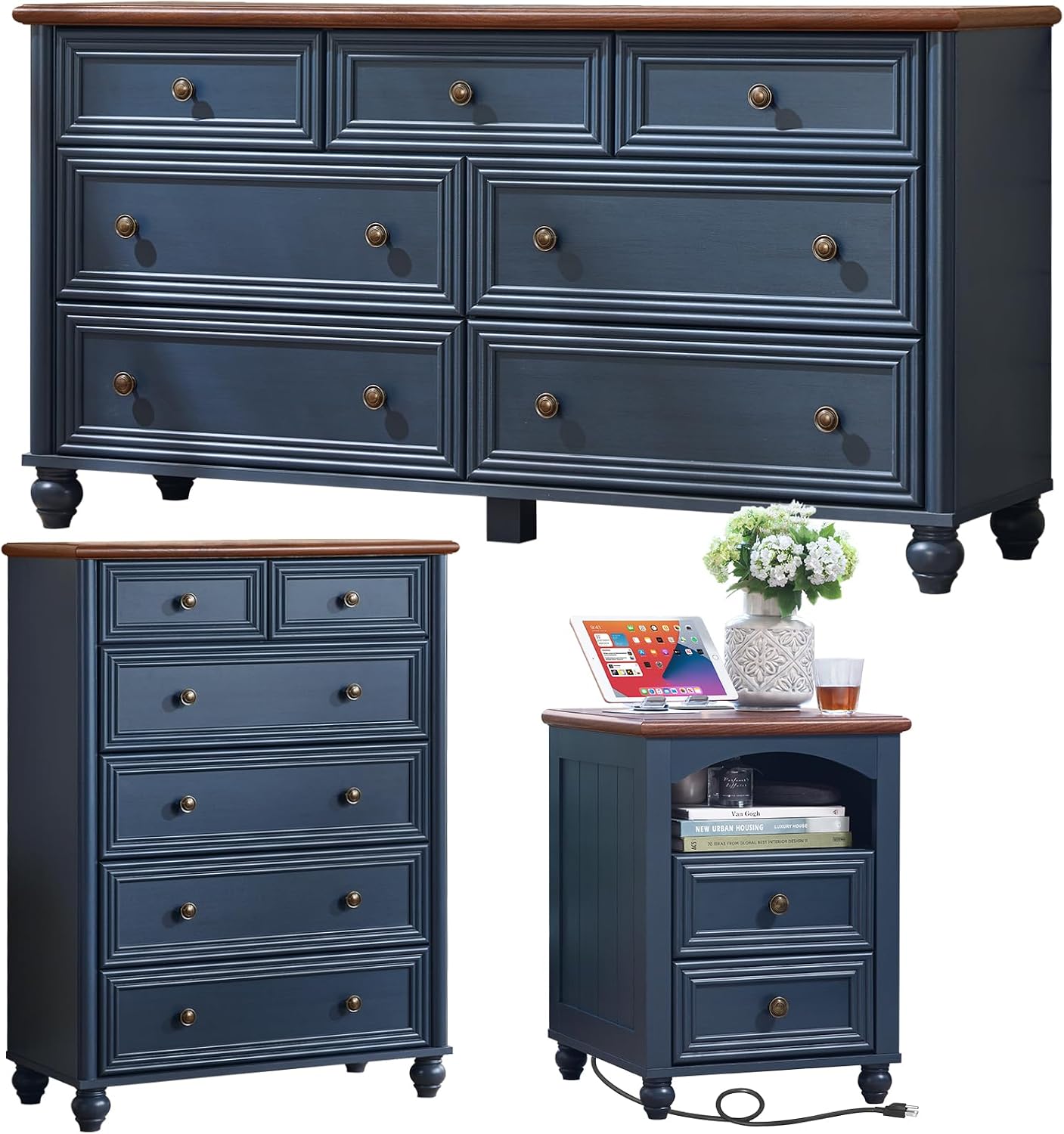 Farmhouse Dressers & Night Stand Set of 3, Wood 54' Wide Dresser & 43.5'Tall Chest of Drawers, 18' with Charging Station Nightstand, Bedroom Furniture 7 Drawer Dresser Set for Home Living Room Hallway