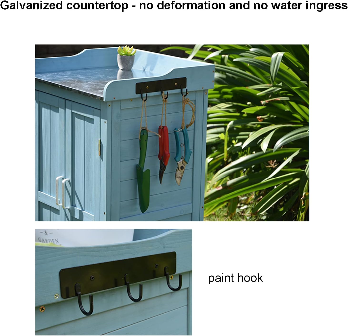 Outdoor Potting Bench with Metal Tabletop, Double Doors Garden Potting Table with Adjustable Shelf, Wooden Planting Table Potting Stand for Backyard, Patio, Law
