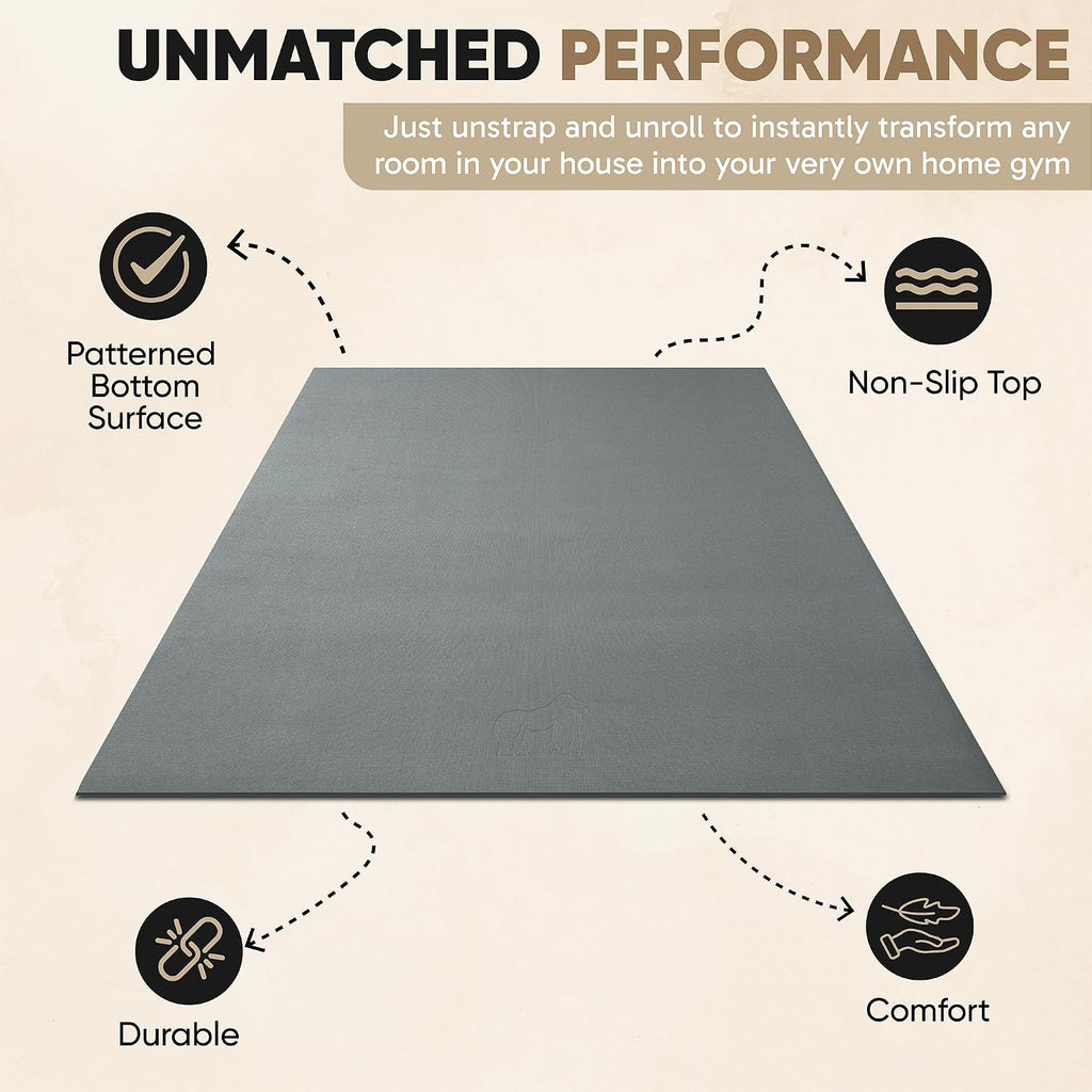 Gorilla Mats Large Exercise Mat – 6'x4', 7'x4', 7'x5', 8'x4', 10'x4' (1/4' Thick) – Ultra Durable Workout Mat for Home Gym Flooring – Non-Slip, Flat Fitness, Yoga & Weight Lifting Floor Mat